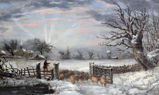19th C. English School Shepherd and flock in winter(-)